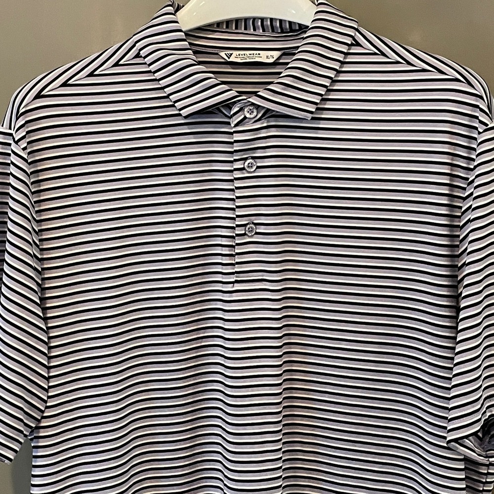 Levelwear Mens Golf Polo Shirt XL Striped Purple Black White Acorn Embroidered